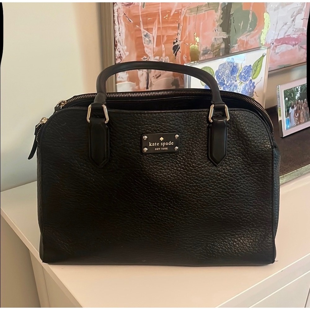 Kate Spade Black Pebbled Leather Satchel Bag Gold Hardware Bow Lining PXRU4471